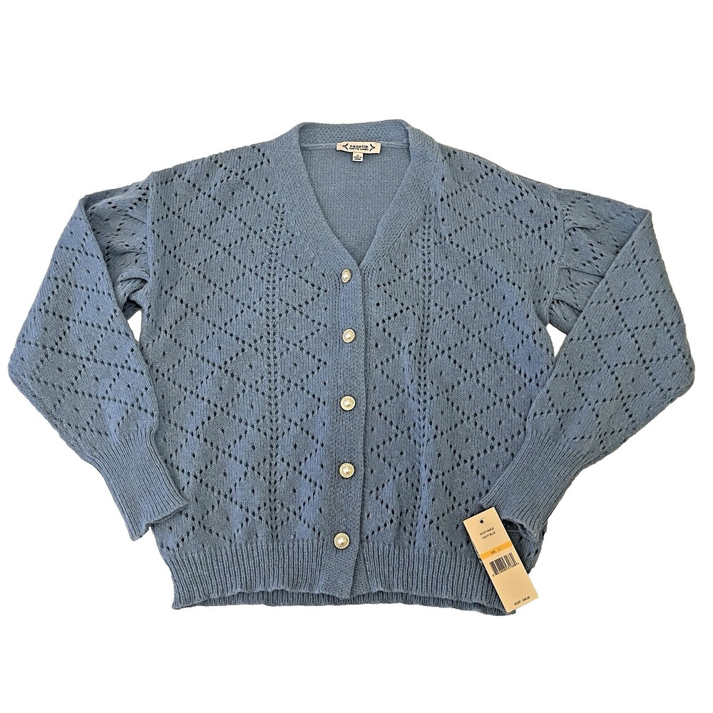 NWT $88 Nanette Lepore Sweater Womens Sz S Light Blue Button Up Cardigan Crochet